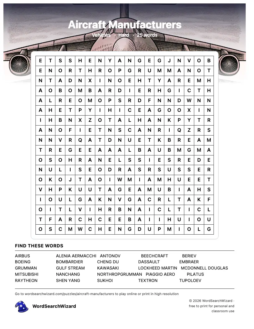 Aircraft Manufacturers word search printable sheet, 25 words to find