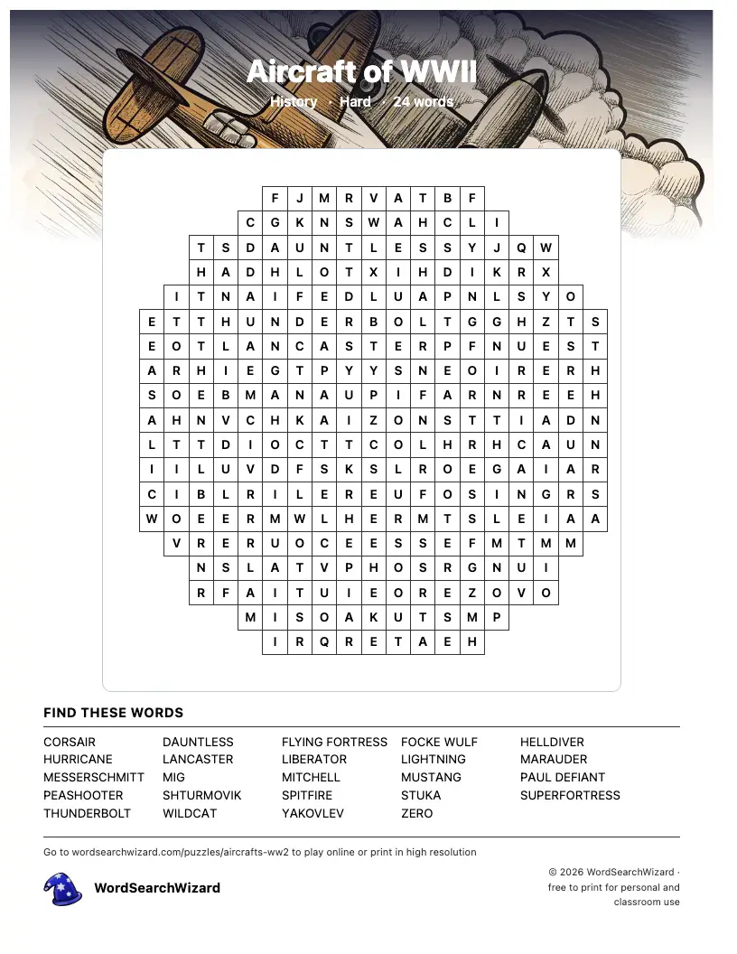 Aircraft of WWII word search printable sheet, 24 words to find