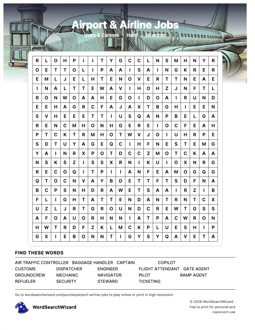 Airport & Airline Jobs word search printable sheet, 18 words to find