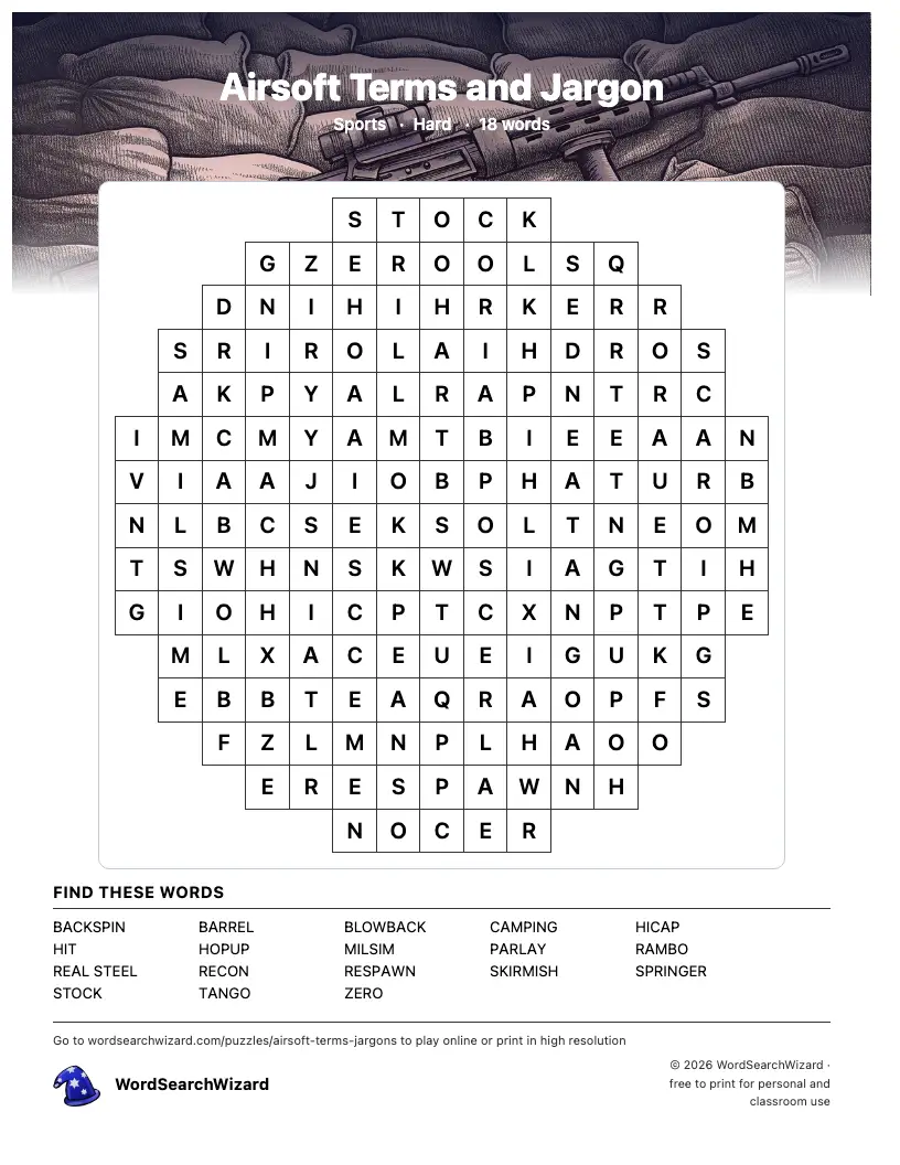 Airsoft Terms and Jargon word search printable sheet, 18 words to find