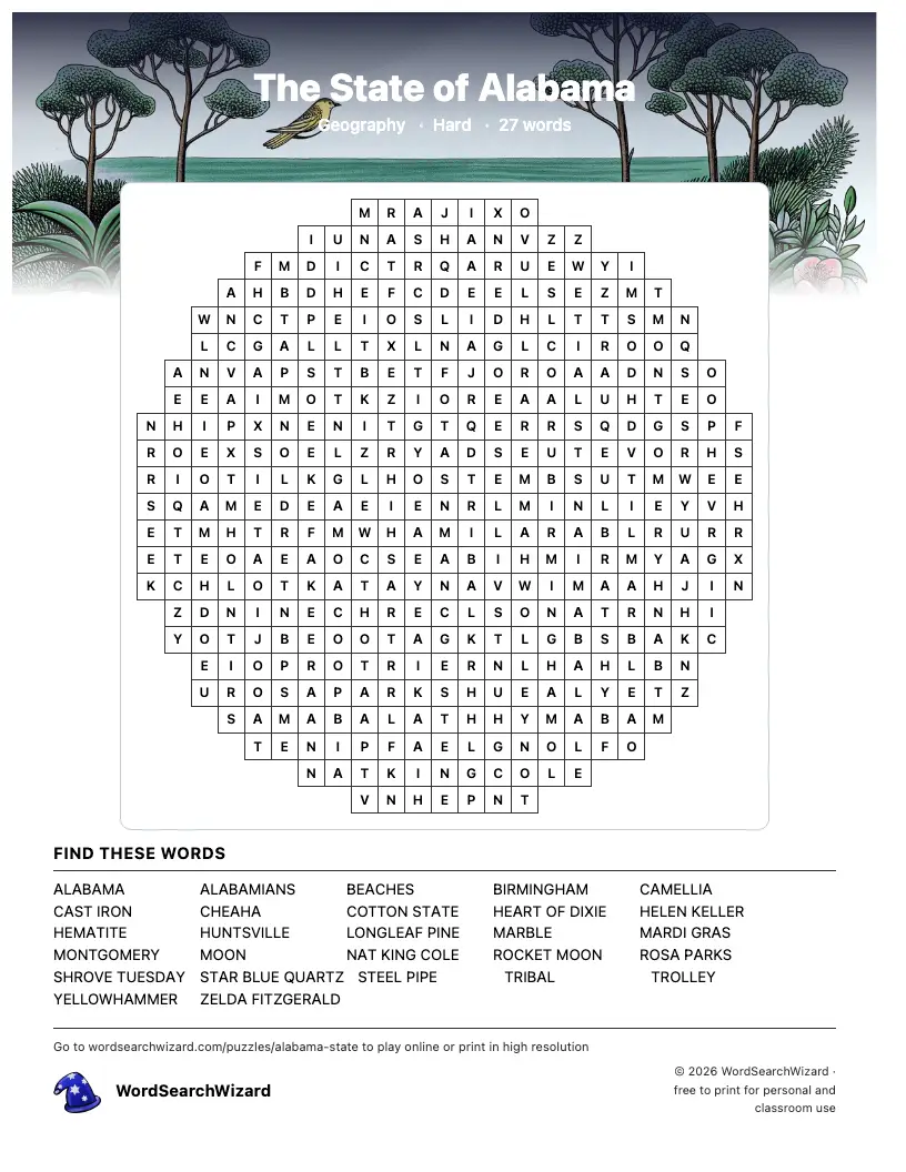 The State of Alabama word search printable sheet, 27 words to find