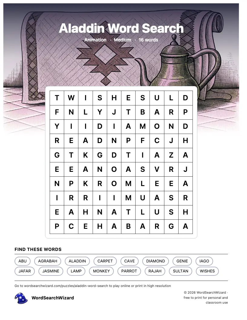Aladdin word search printable sheet, 16 words to find