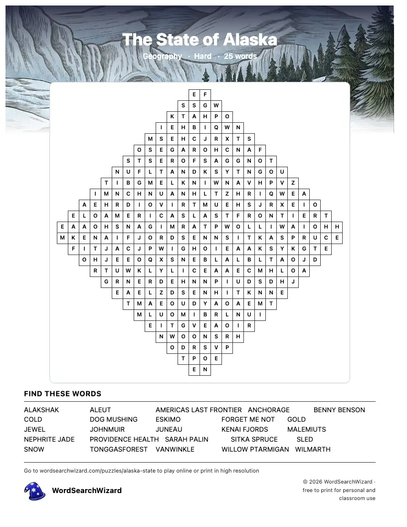 The State of Alaska word search printable sheet, 25 words to find