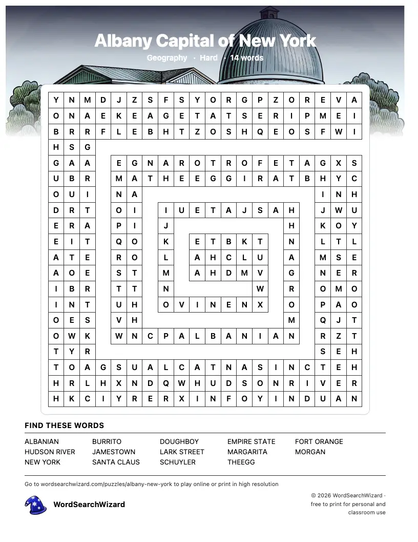 Albany Capital of New York word search printable sheet, 14 words to find