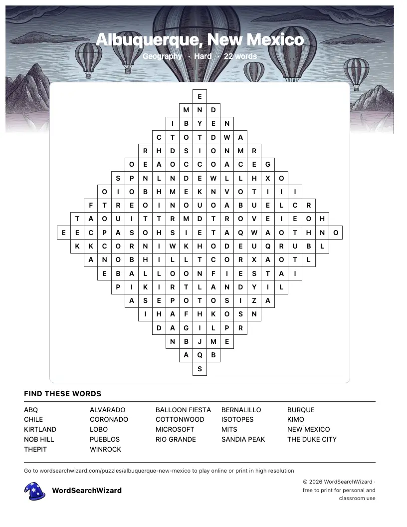 Albuquerque, New Mexico word search printable sheet, 22 words to find