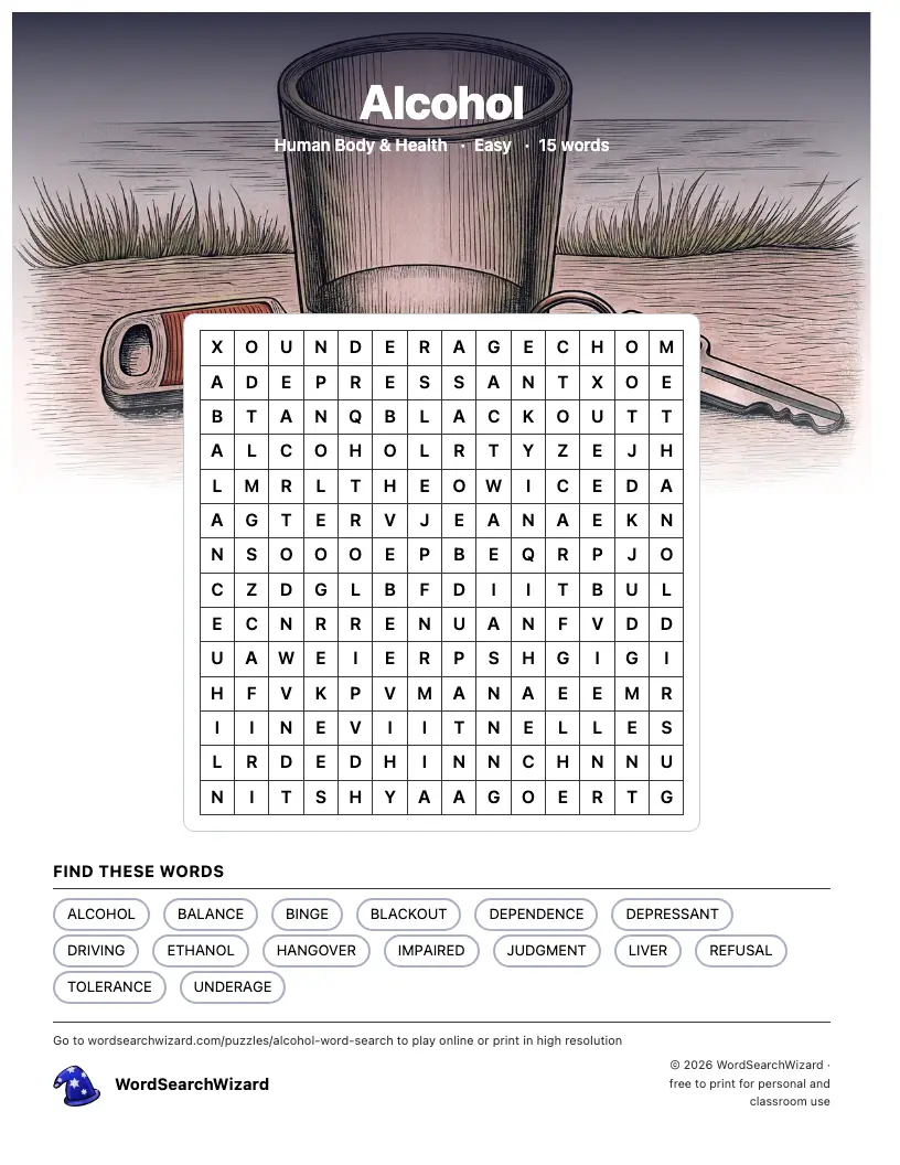 Alcohol word search printable sheet, 15 words to find