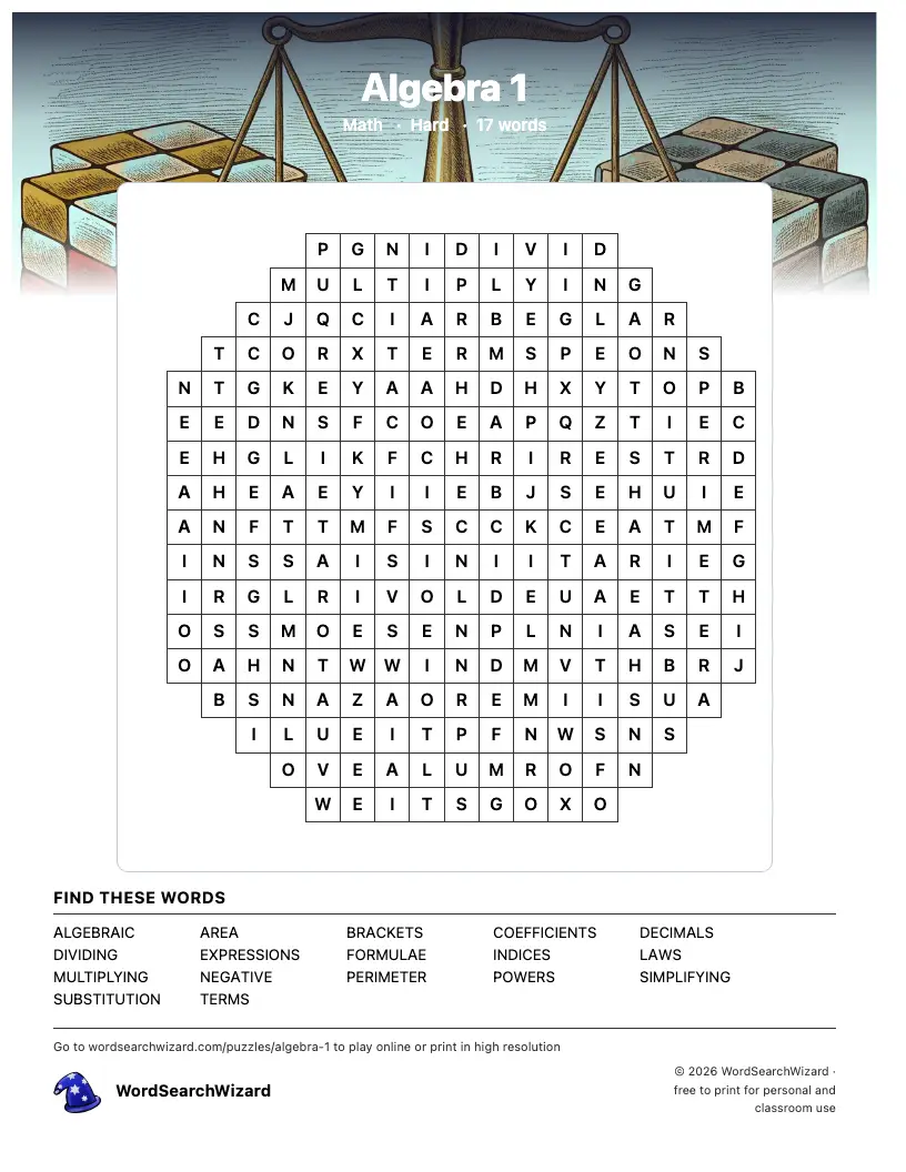 Algebra 1 word search printable sheet, 17 words to find