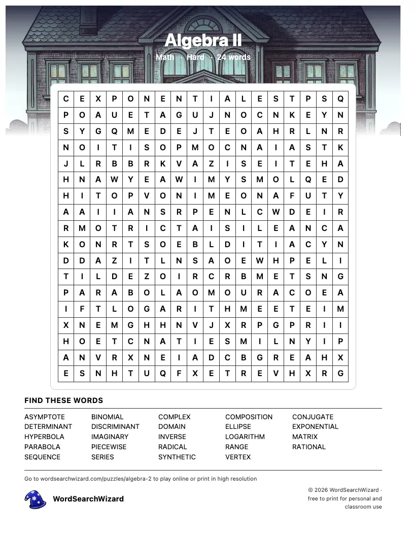 Algebra II word search printable sheet, 24 words to find