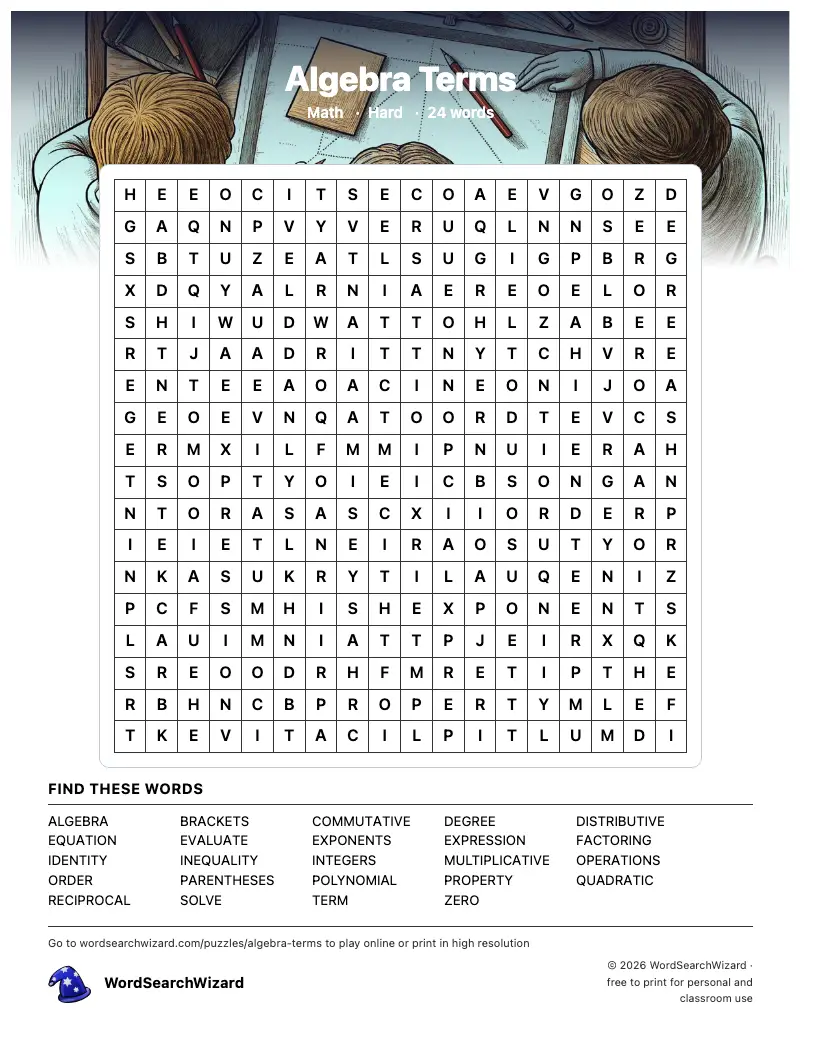 Algebra Terms word search printable sheet, 24 words to find
