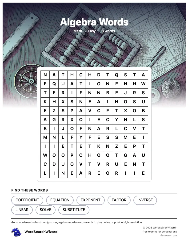 Algebra Words word search printable sheet, 8 words to find