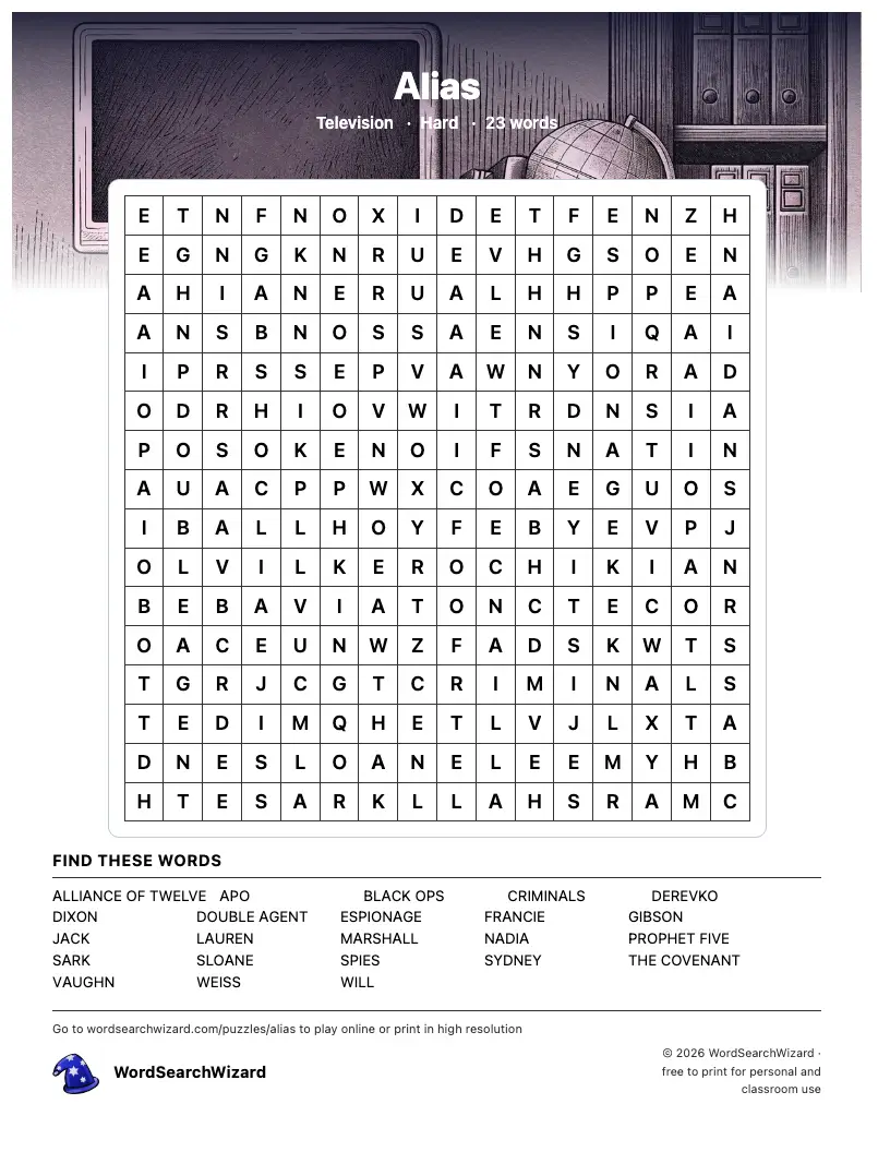 Alias word search printable sheet, 23 words to find