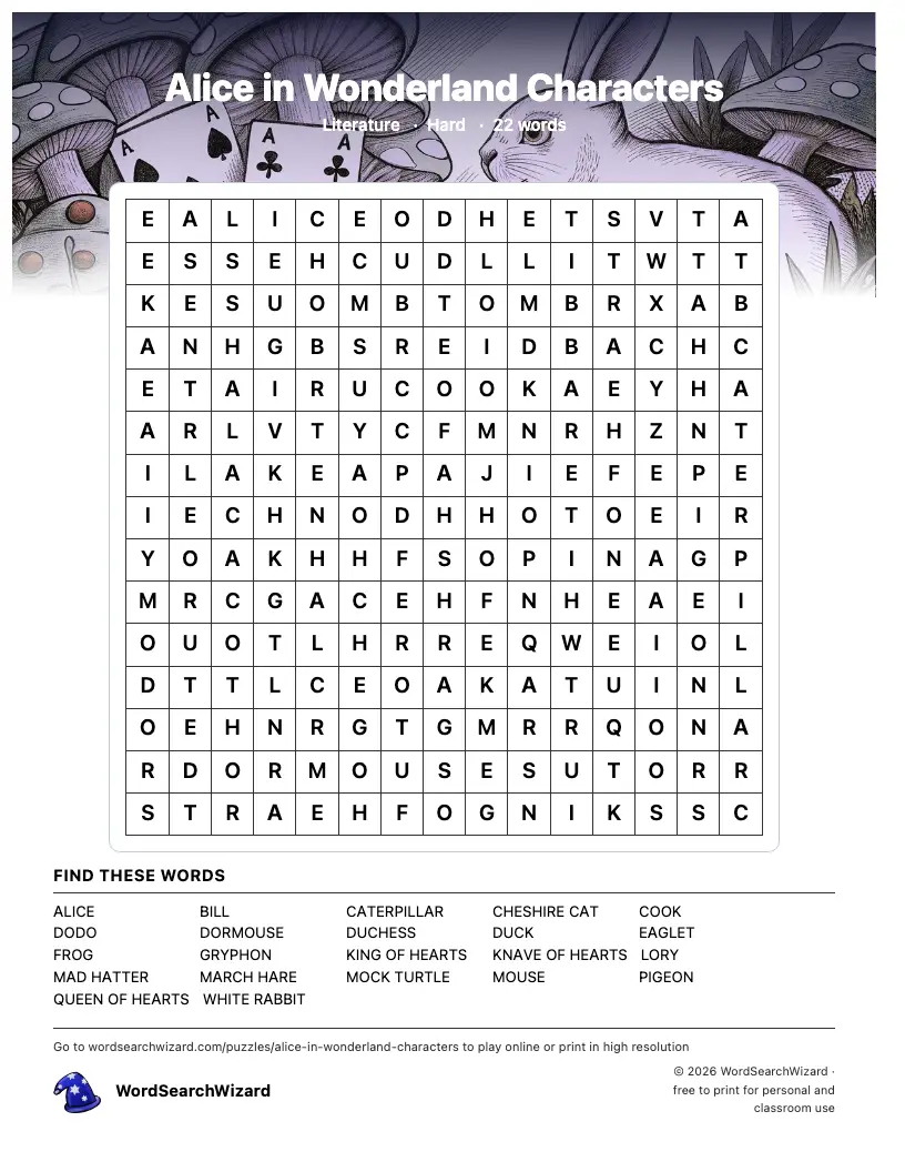 Alice in Wonderland Characters word search printable sheet, 22 words to find