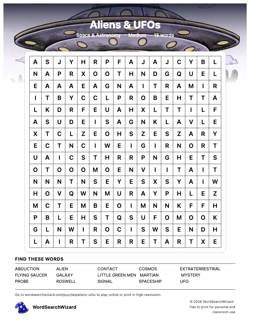 Aliens & UFOs word search printable sheet, 15 words to find