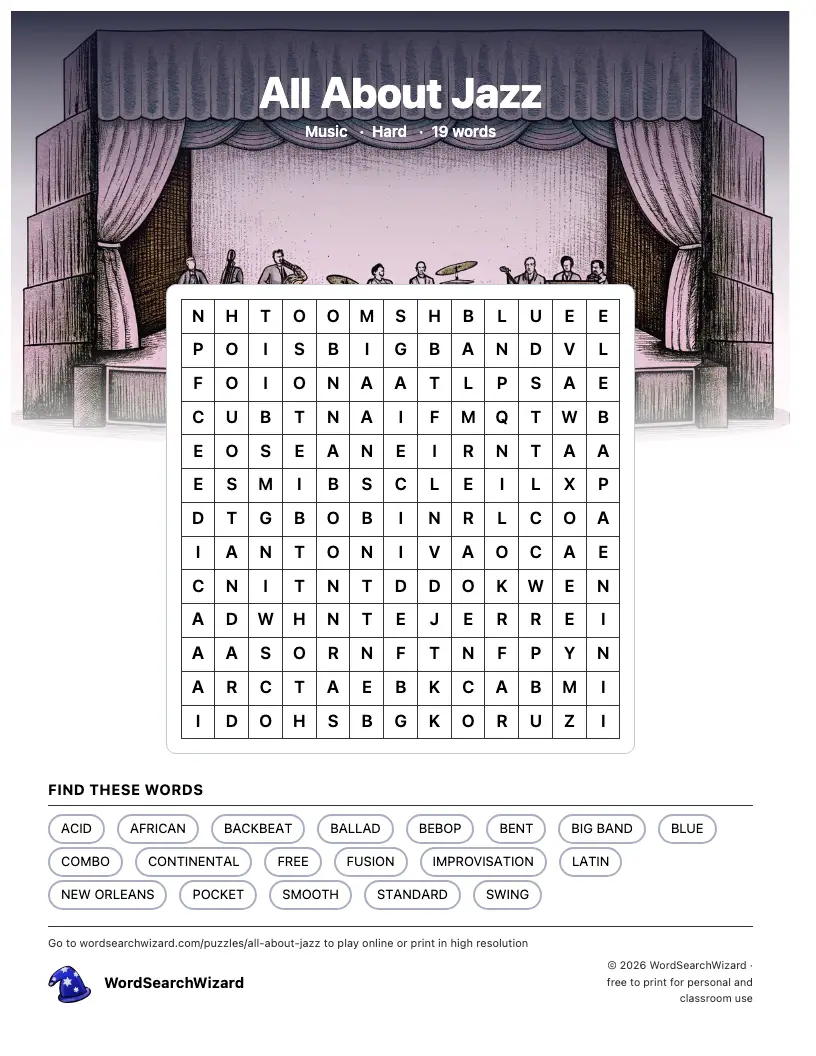 All About Jazz word search printable sheet, 19 words to find