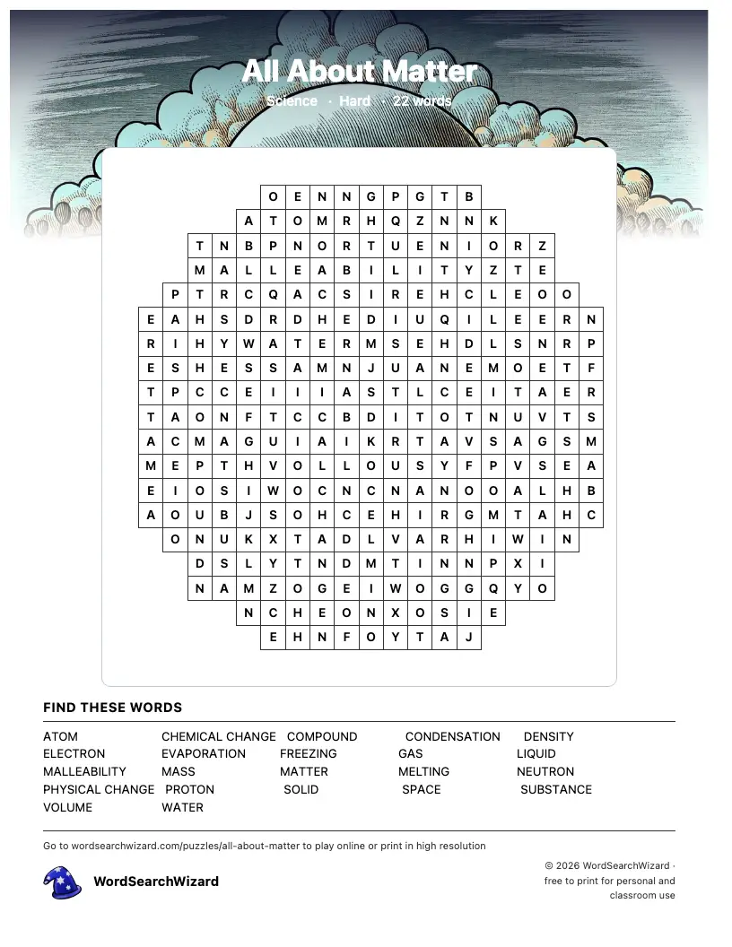 All About Matter word search printable sheet, 22 words to find