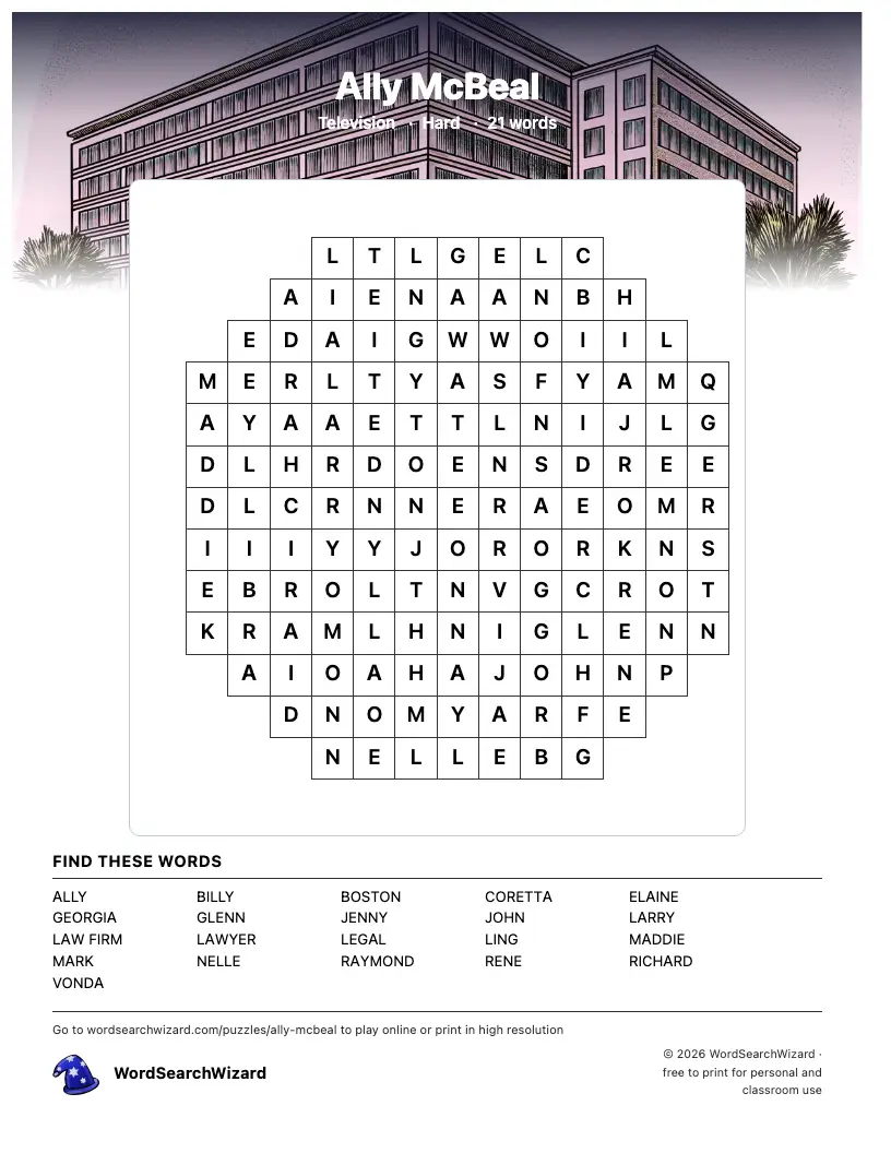 Ally McBeal word search printable sheet, 21 words to find