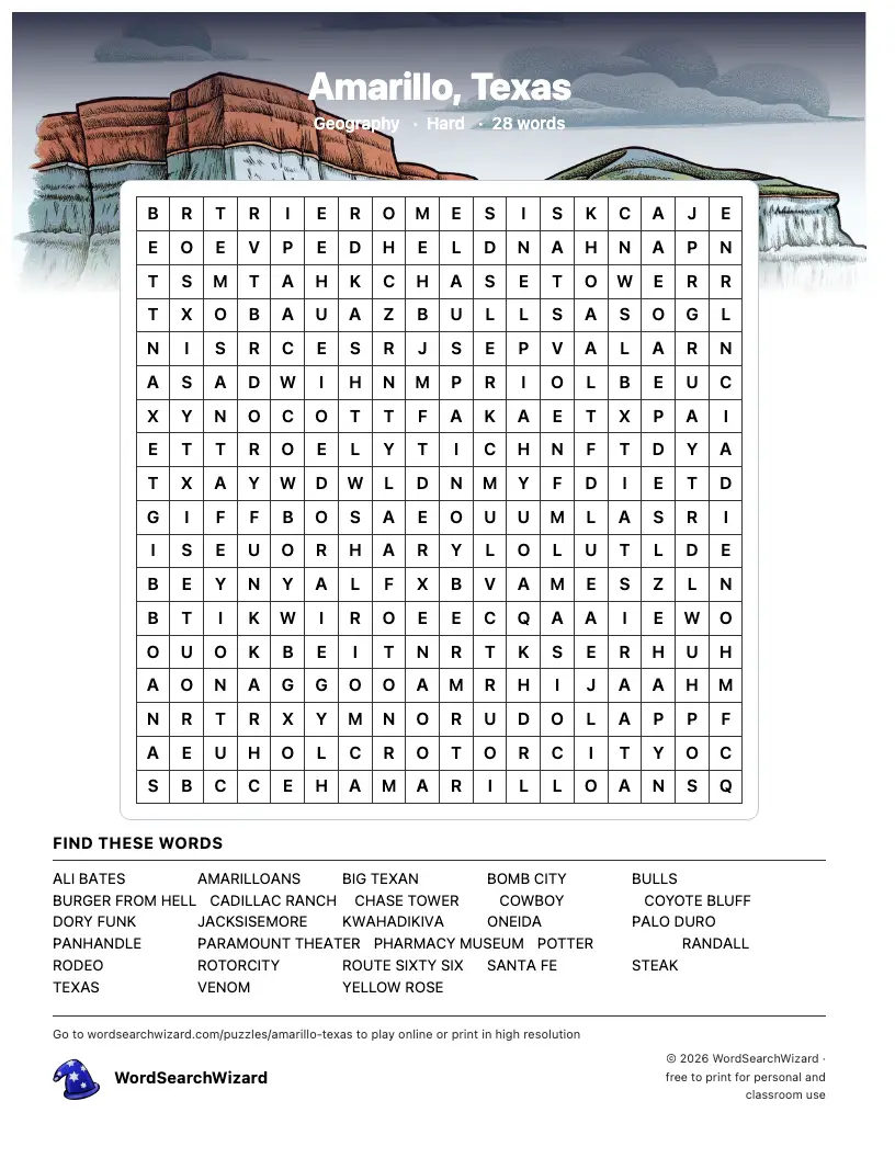 Amarillo, Texas word search printable sheet, 28 words to find