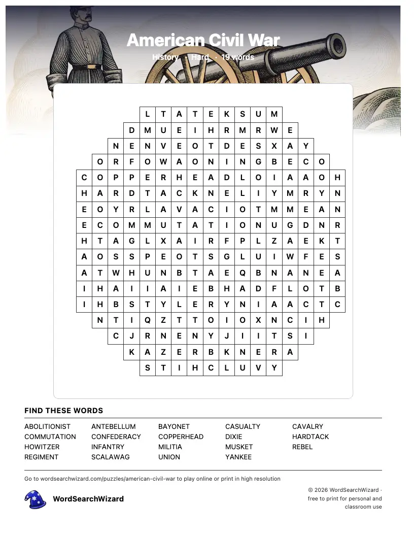 American Civil War word search printable sheet, 19 words to find