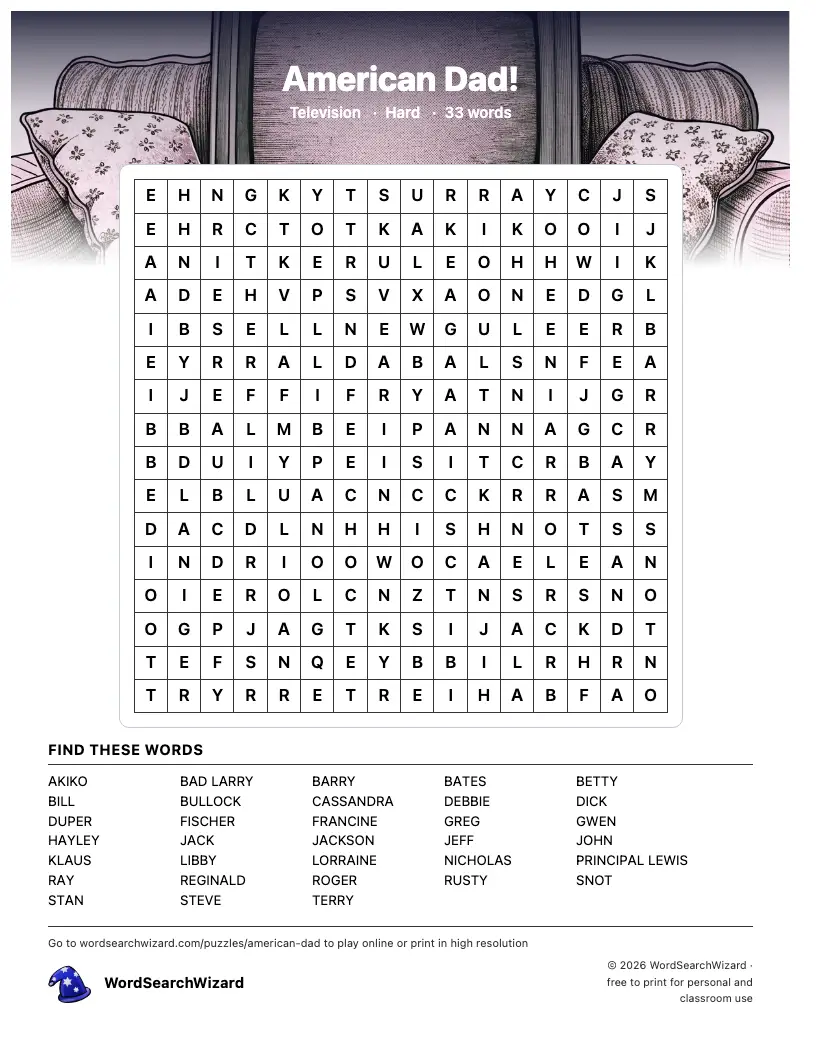 American Dad! word search printable sheet, 33 words to find