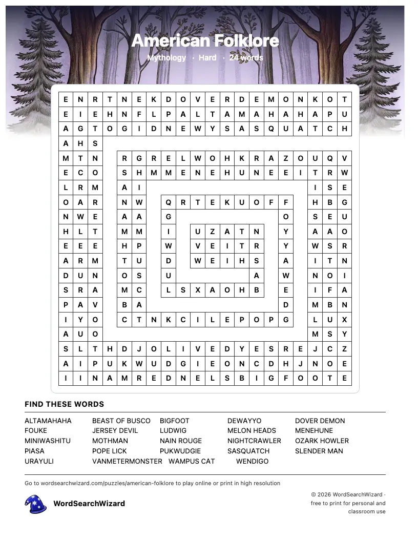 American Folklore word search printable sheet, 24 words to find