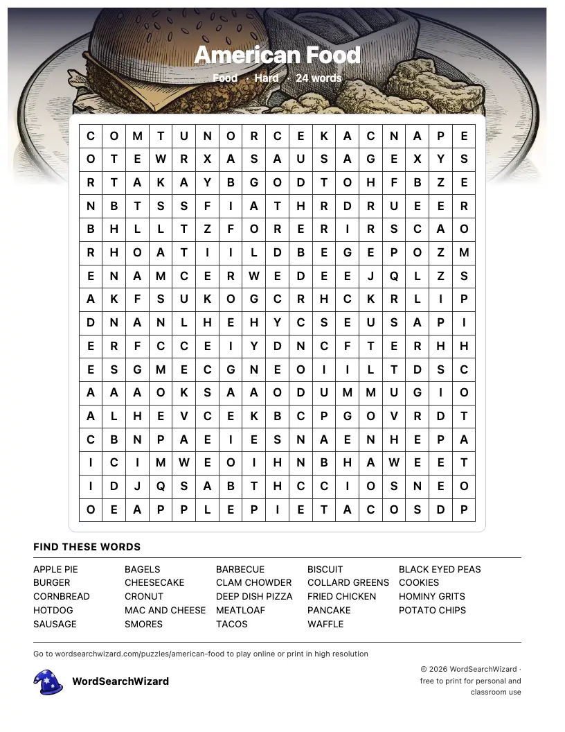 American Food word search printable sheet, 24 words to find