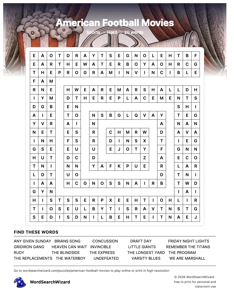 American Football Movies word search printable sheet, 20 words to find