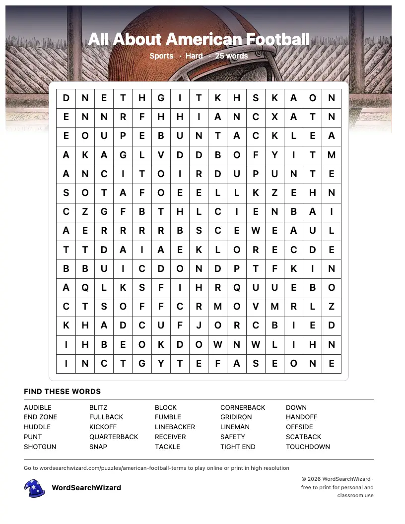 All About American Football word search printable sheet, 25 words to find