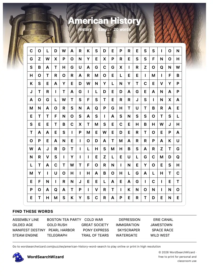 American History word search printable sheet, 20 words to find