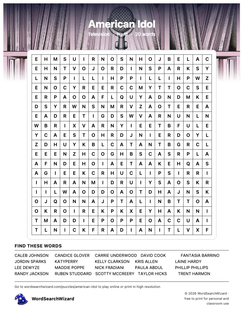 American Idol word search printable sheet, 20 words to find