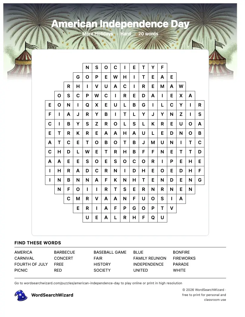 American Independence Day word search printable sheet, 20 words to find
