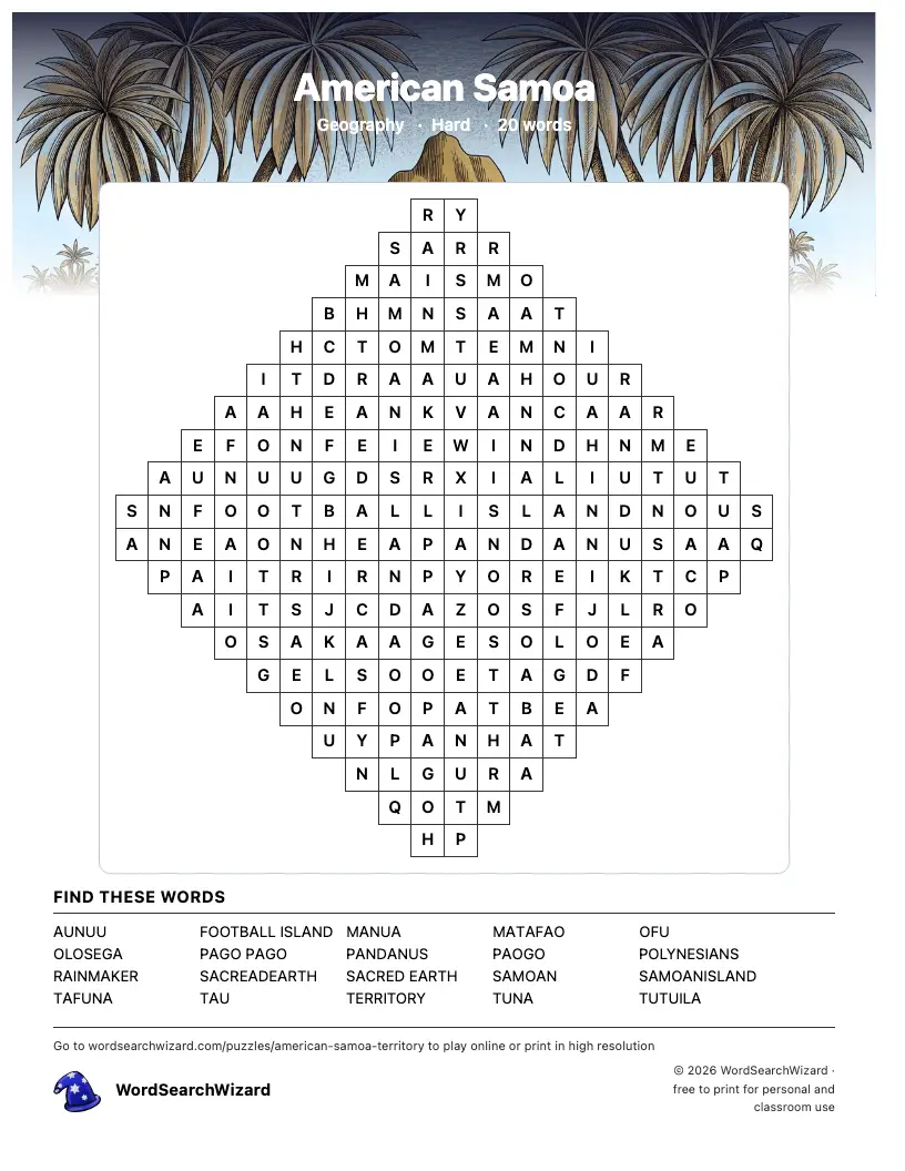 American Samoa word search printable sheet, 20 words to find
