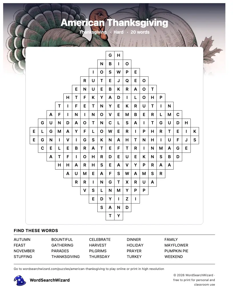 American Thanksgiving word search printable sheet, 20 words to find