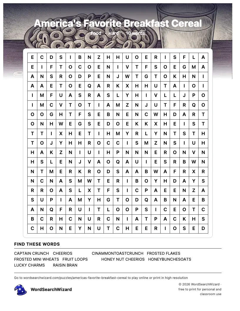 America's Favorite Breakfast Cereal word search printable sheet, 10 words to find