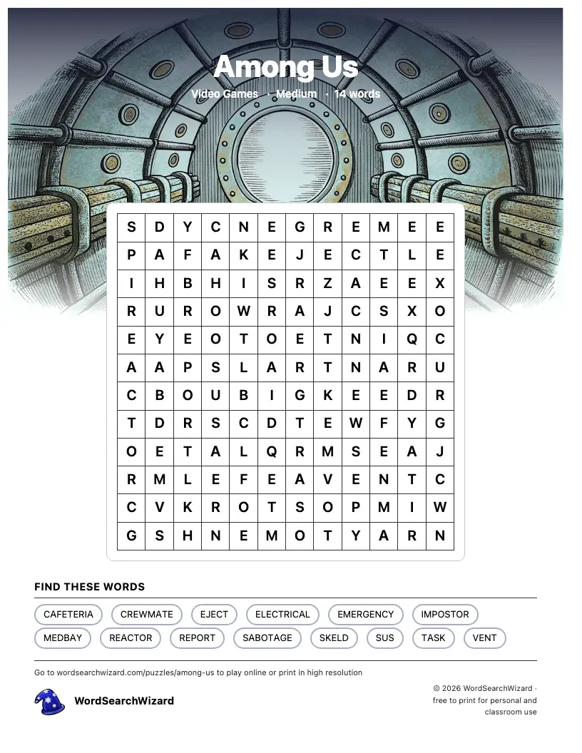 Among Us word search printable sheet, 14 words to find
