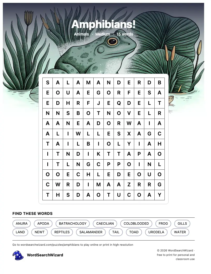 Amphibians! word search printable sheet, 15 words to find