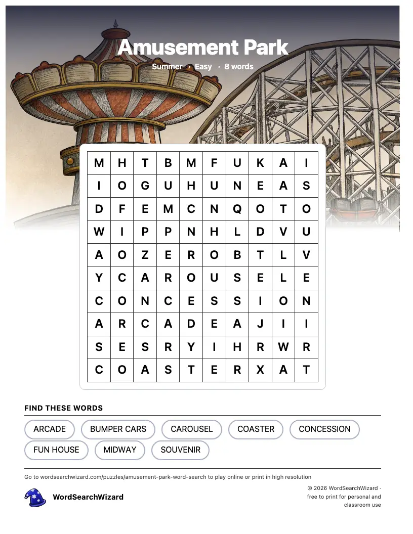 Amusement Park word search printable sheet, 8 words to find