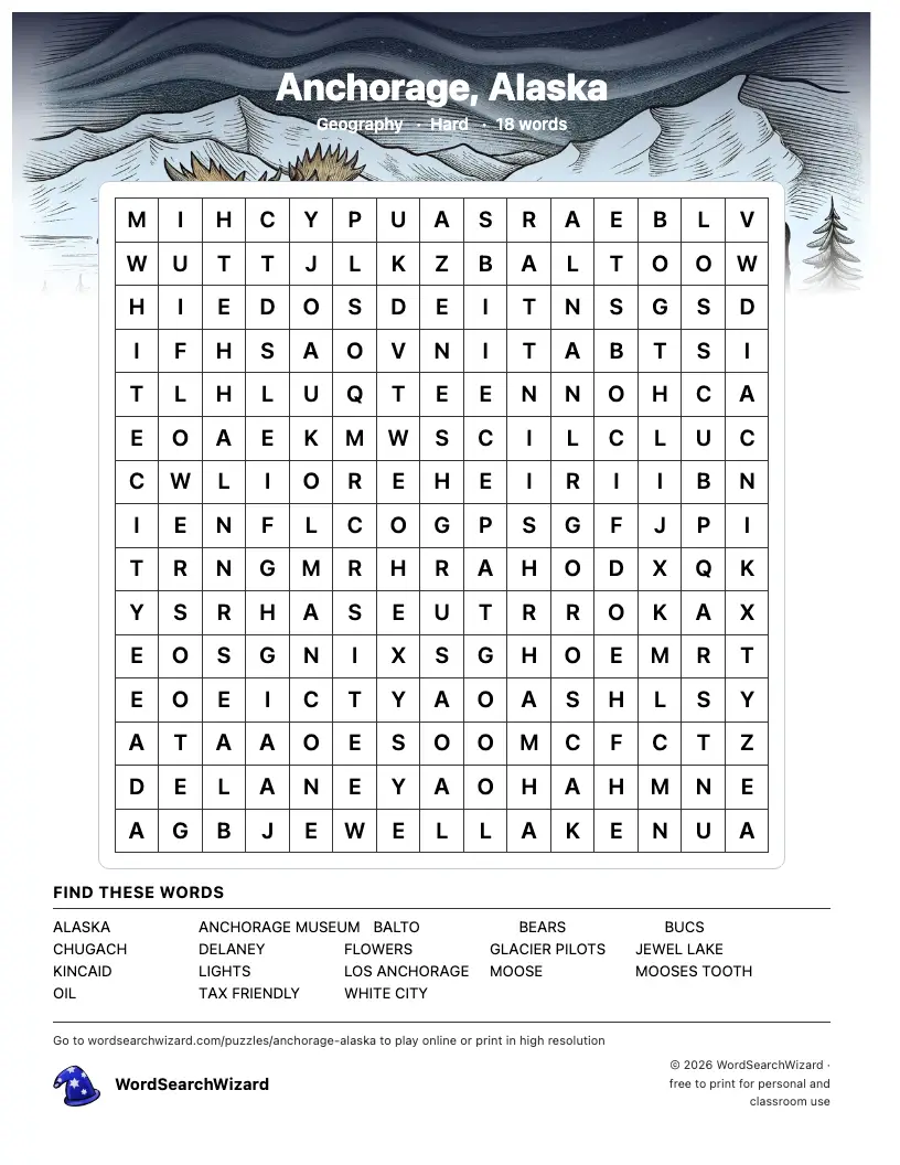 Anchorage, Alaska word search printable sheet, 18 words to find