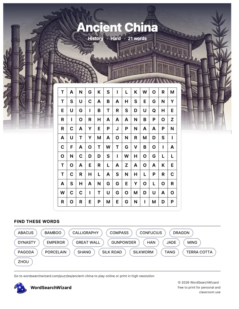 Ancient China word search printable sheet, 21 words to find