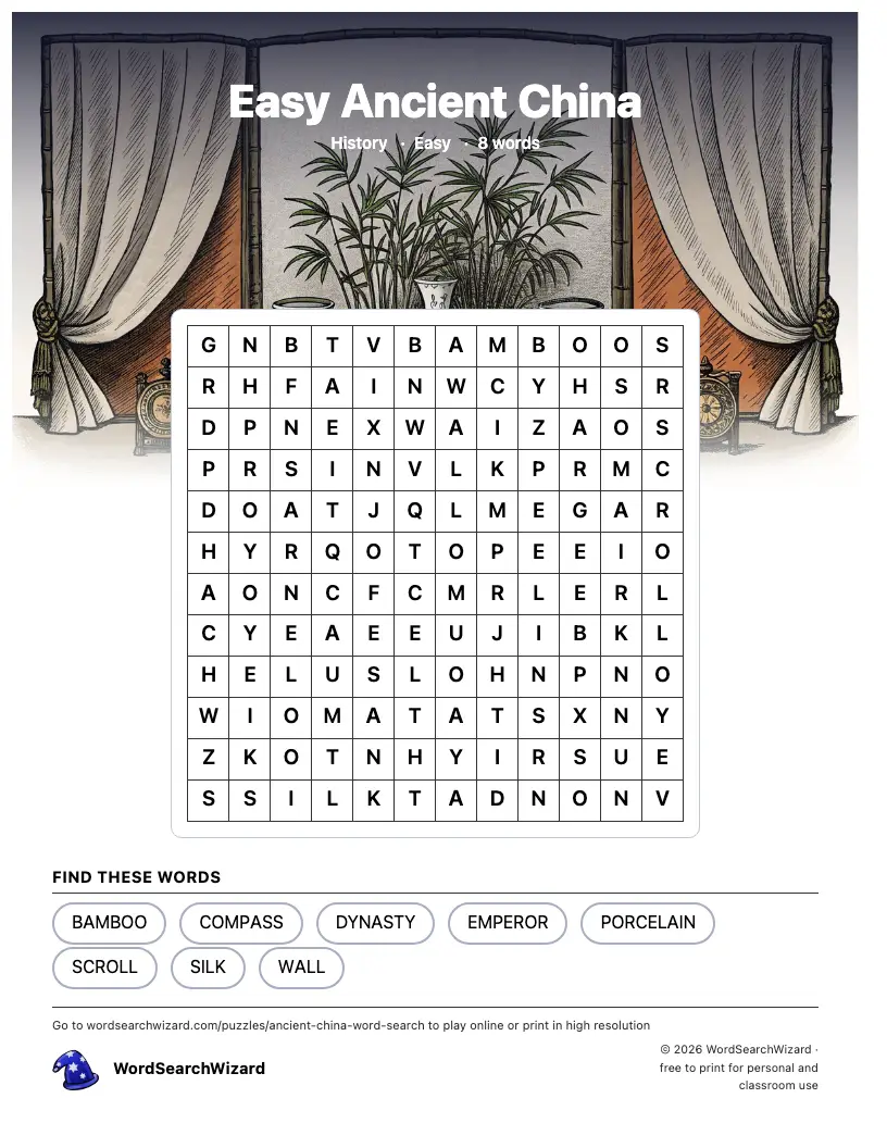Easy Ancient China word search printable sheet, 8 words to find