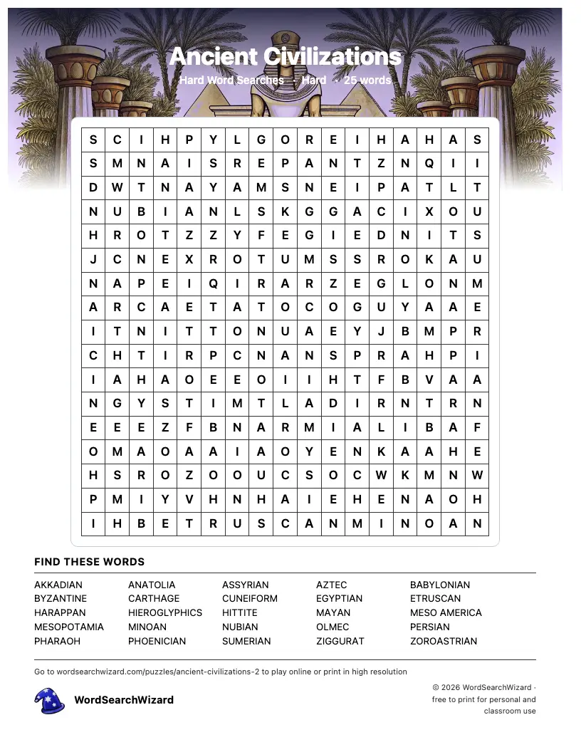 Ancient Civilizations word search printable sheet, 25 words to find