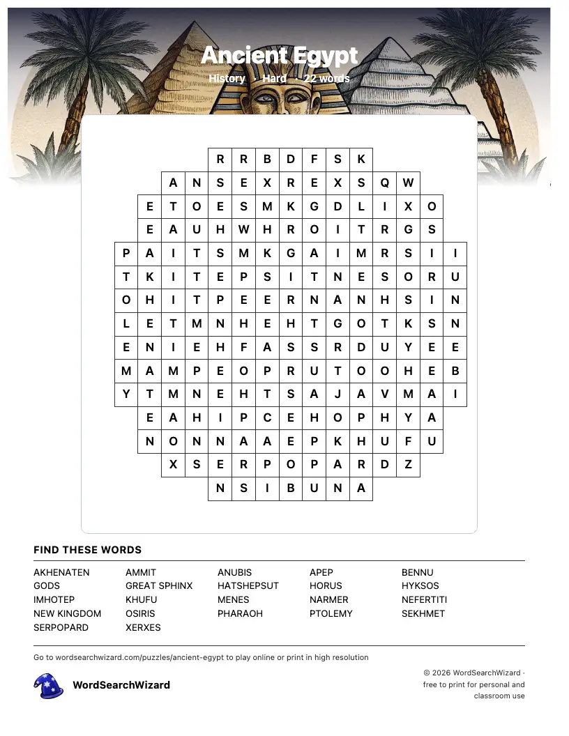 Ancient Egypt word search printable sheet, 22 words to find