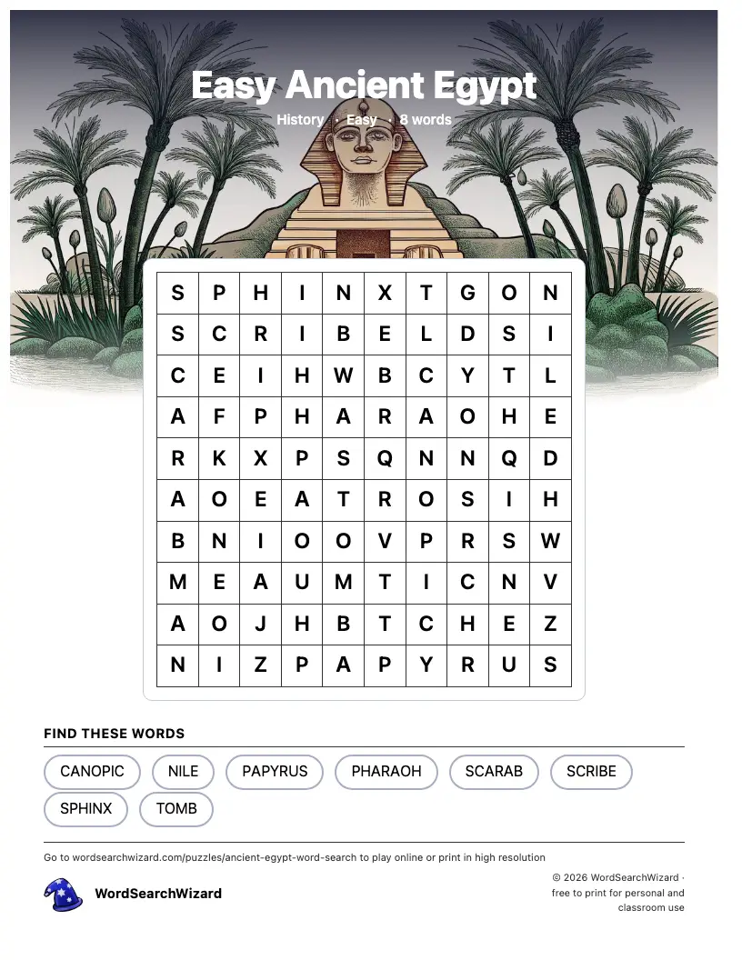 Easy Ancient Egypt word search printable sheet, 8 words to find