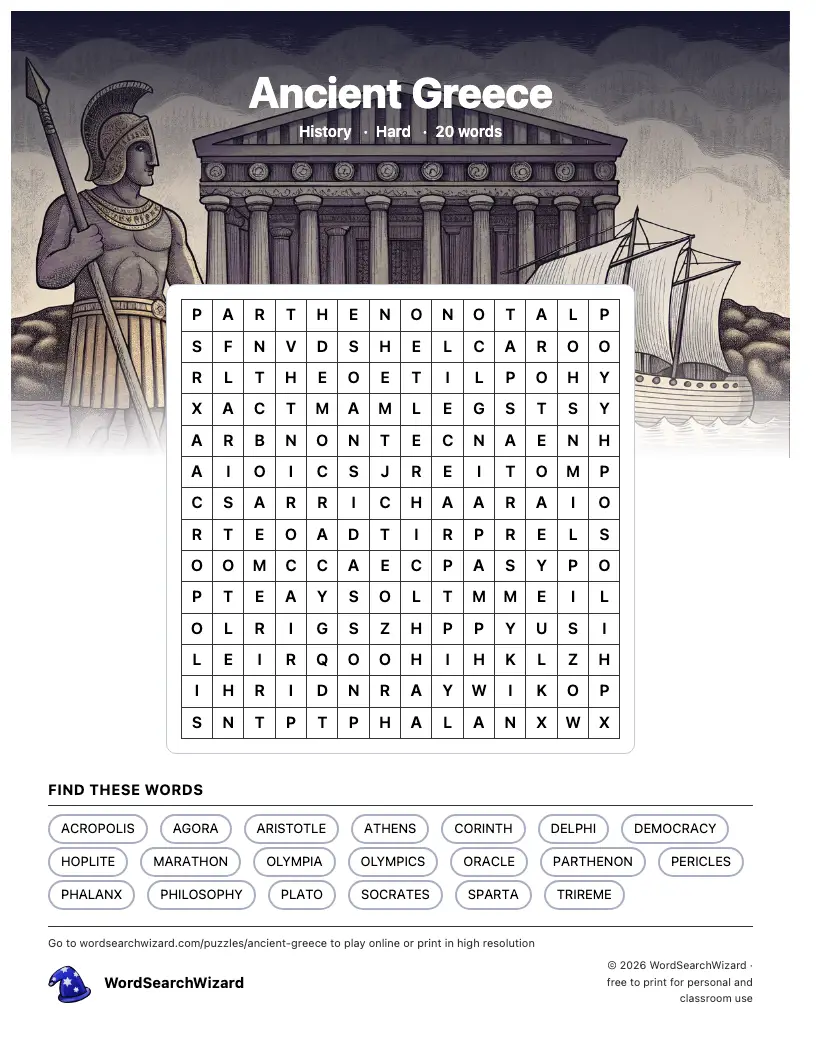 Ancient Greece word search printable sheet, 20 words to find