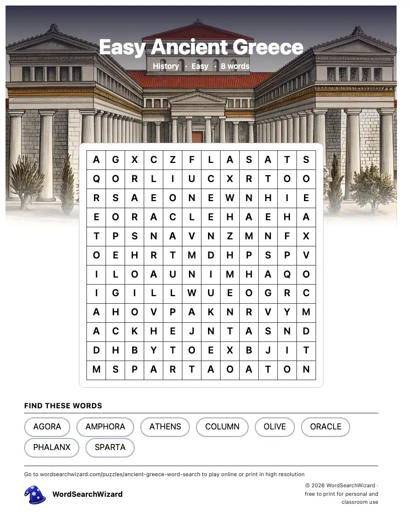 Easy Ancient Greece word search printable sheet, 8 words to find