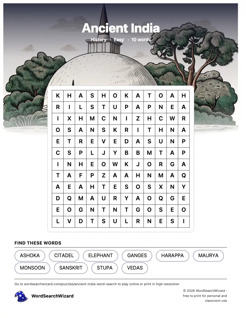 Ancient India word search printable sheet, 10 words to find