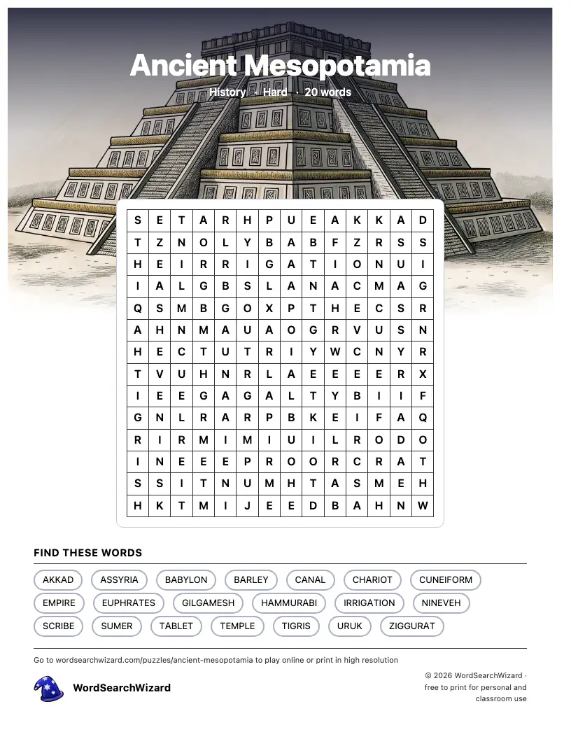 Ancient Mesopotamia word search printable sheet, 20 words to find