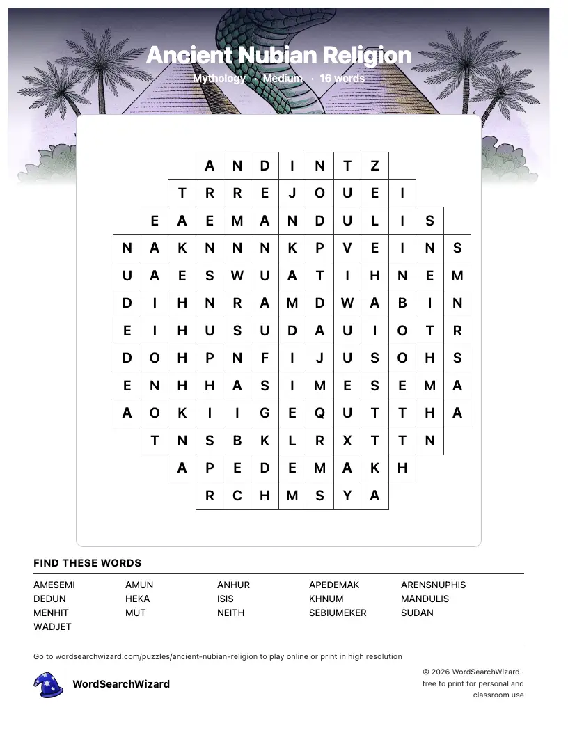 Ancient Nubian Religion word search printable sheet, 16 words to find