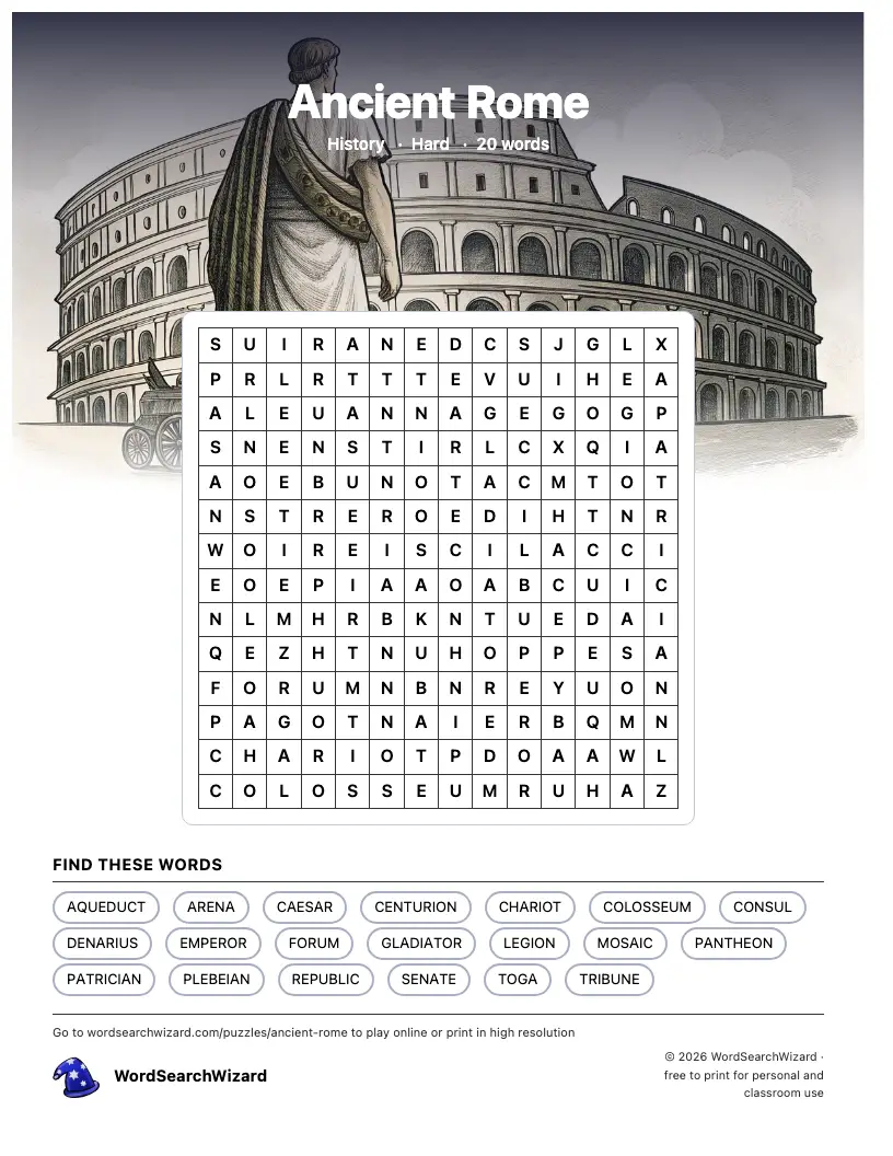 Ancient Rome word search printable sheet, 20 words to find