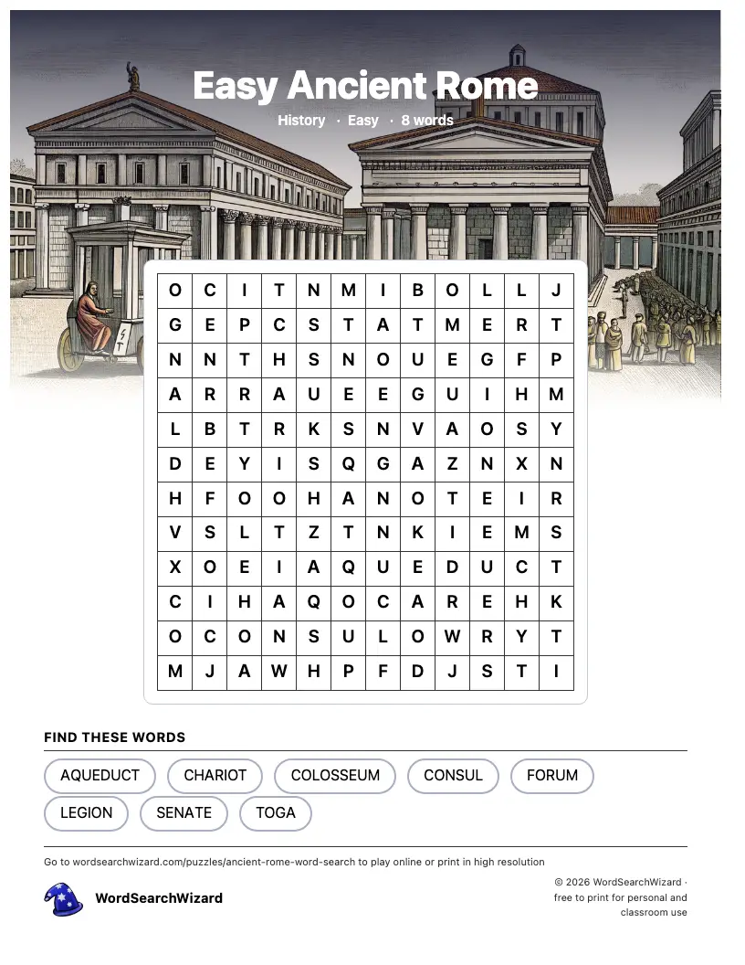 Easy Ancient Rome word search printable sheet, 8 words to find