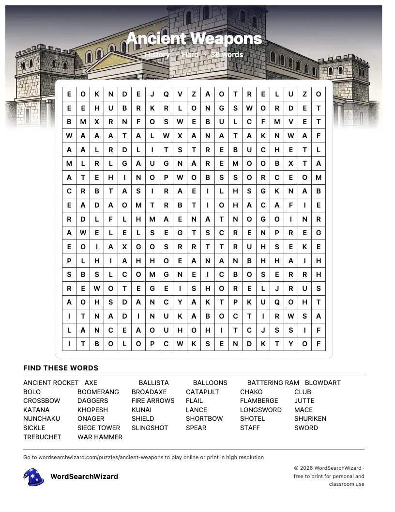 Ancient Weapons word search printable sheet, 38 words to find